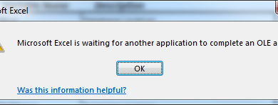 Microsoft Excel is waiting for another application to complete an OLE action