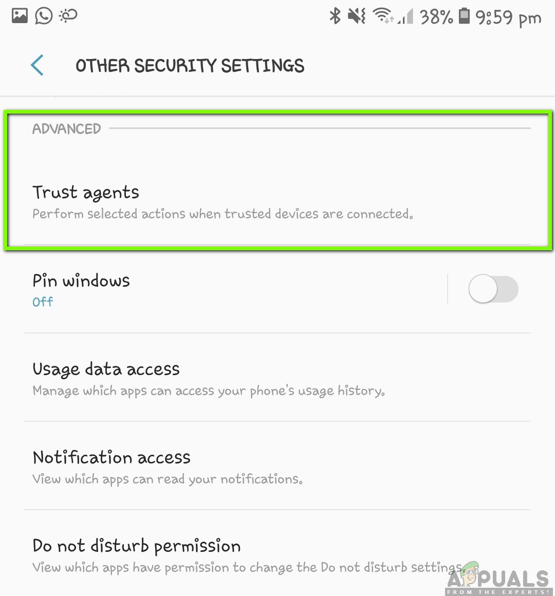 Clicking Trust Agents - Other Security Settings in Android