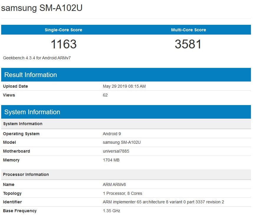 Samsung Galaxy A10e on Geekbench