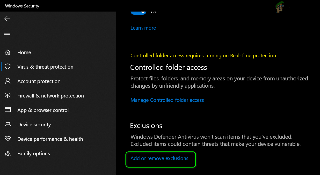 5. Open Add or Remove Exlusions in Windows Defender Settings