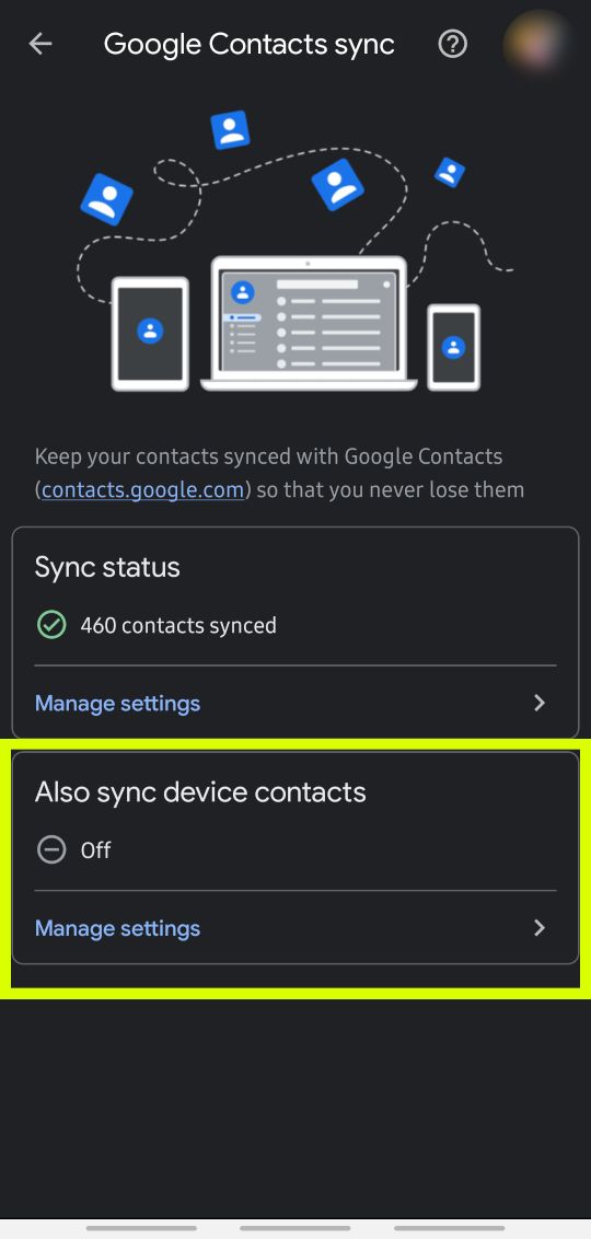 Enable Backup for device contacts