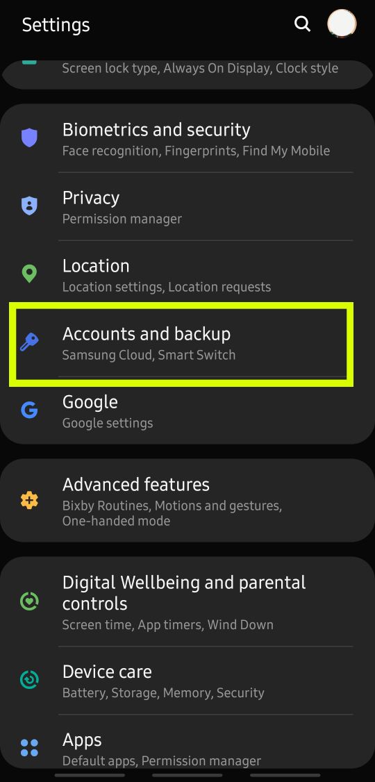 Open Account and backup settings