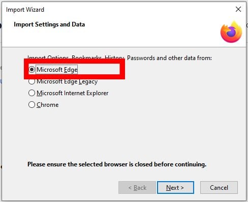 Импорт Firefox из Microsoft Edge