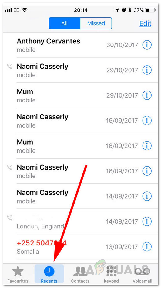 Recent calls tab in iPhone