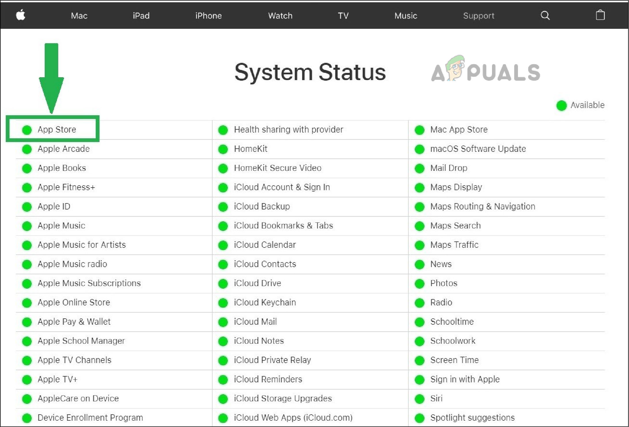 Apple’s system status page