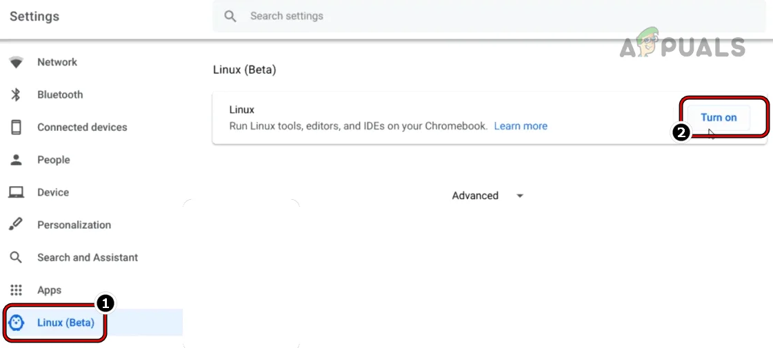 Turn on Linux (Beta) in the Chromebook Settings