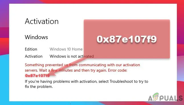 windows activation error code: 0x87e107f9