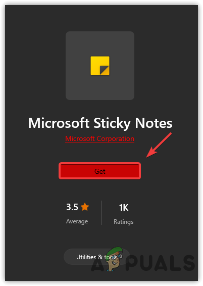Click on Get to install Microsoft Sticky Notes