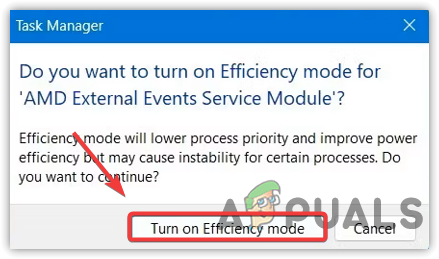 Confirmation Window to enable Efficiency Mode