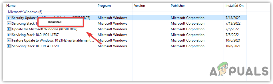 Uninstalling Windows Update