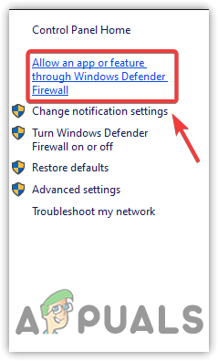 Click Allow An App or Feature through Windows Defender Firewall