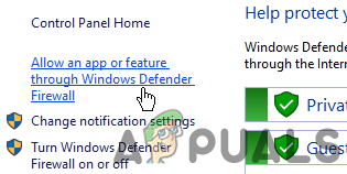 Opening Allow an app feature through Windows defender firewall option