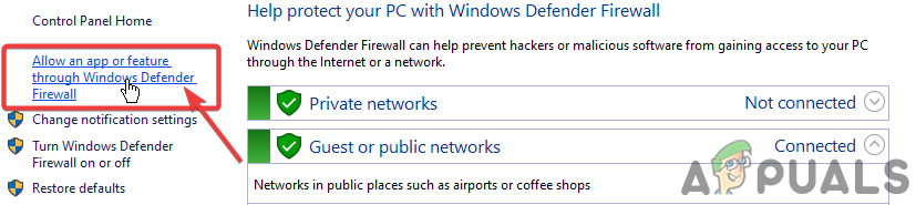 Click on Allow an app feature through Windows defender firewall
