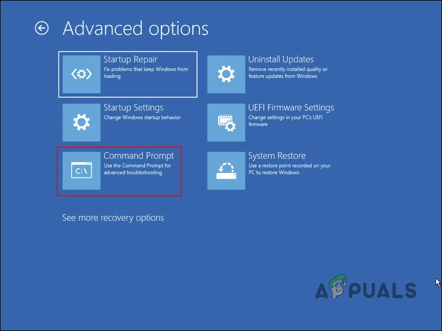 Click on Command Prompt in the Advanced options menu