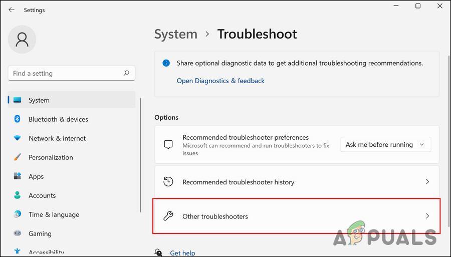 Access the Other troubleshooters option