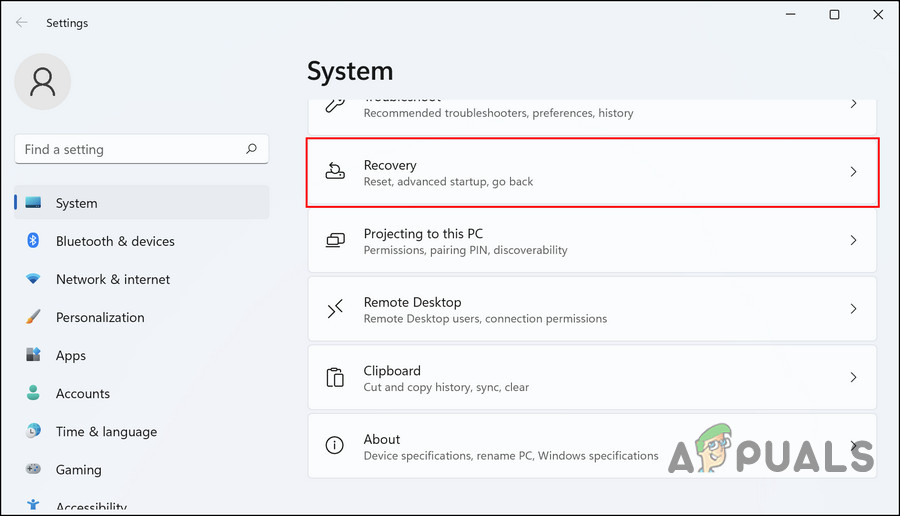 Choose Recovery in the Settings window