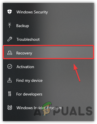 Clicking Recovery Option