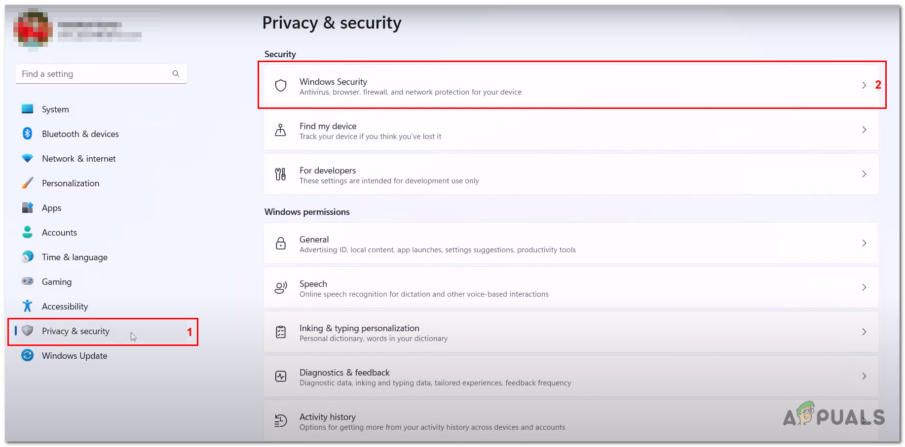 Opening Windows Security inside of the Privacy and security settings