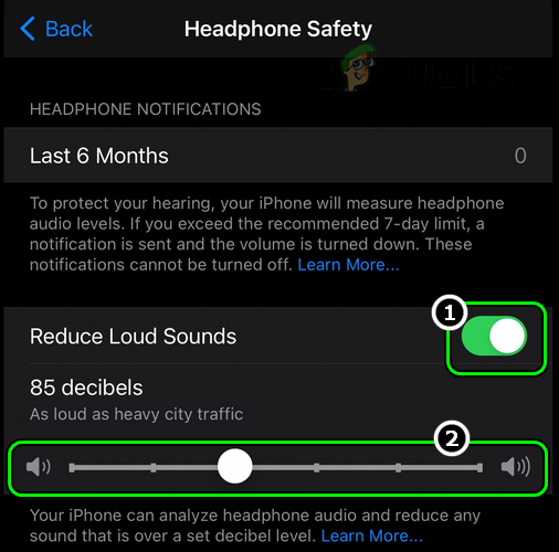 Enable Reduce Loud Sounds and Set its Slider to 100 Decibels in the iPhone's Headphone Safety Settings