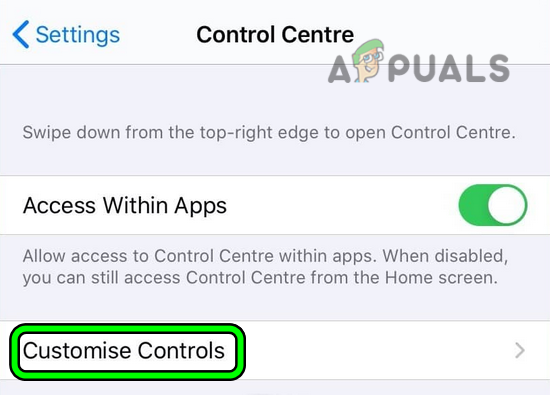 Open Customise Control in the Control Center Settings