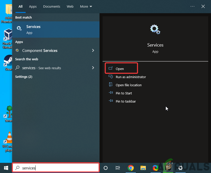 Using windows search to open the services app