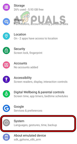 Open System in the Android Phone Settings