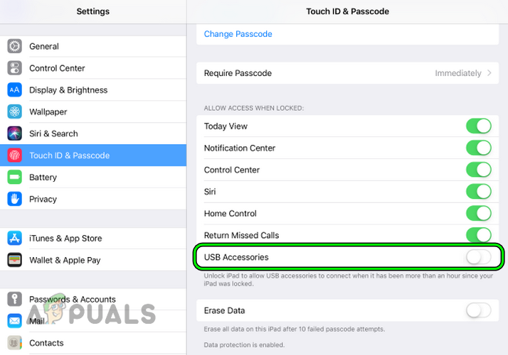 Enable USB Accessories in the Touch ID & Passcode Settings of the iPad