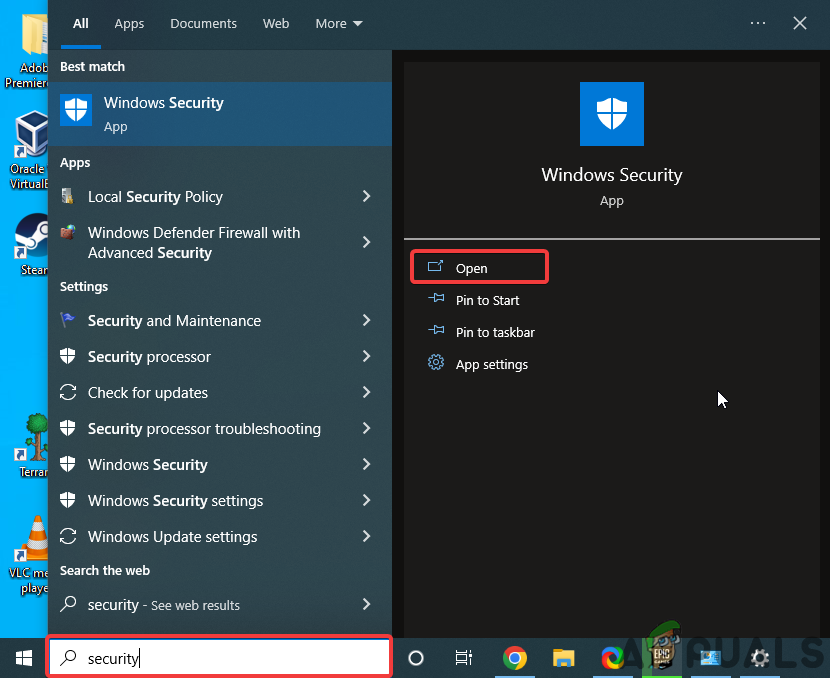 Opening Windows Security through Windows Search