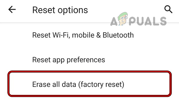 Tap on Erase All Data (Factory Reset) in the Android Phone's Reset Options