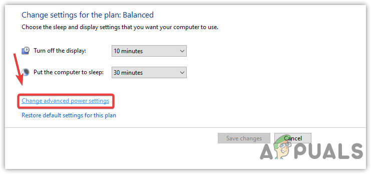 Clicking Change Advanced Power Settings