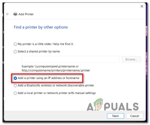 Add a new printer using IP address or hostname