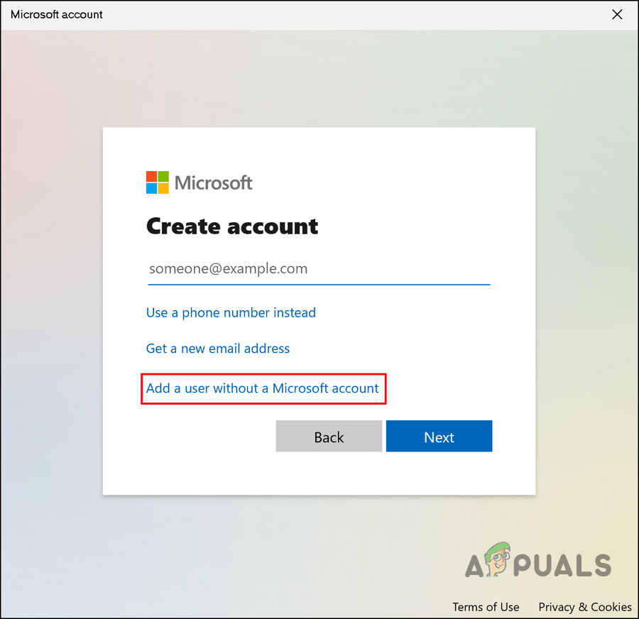 Click on the Add a user without a Microsoft account