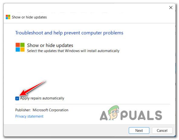Applying the repairs automatically when using Windows Show / Hide Troubleshooter