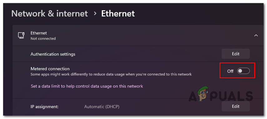 Disable Metered connection for Ethernet connection