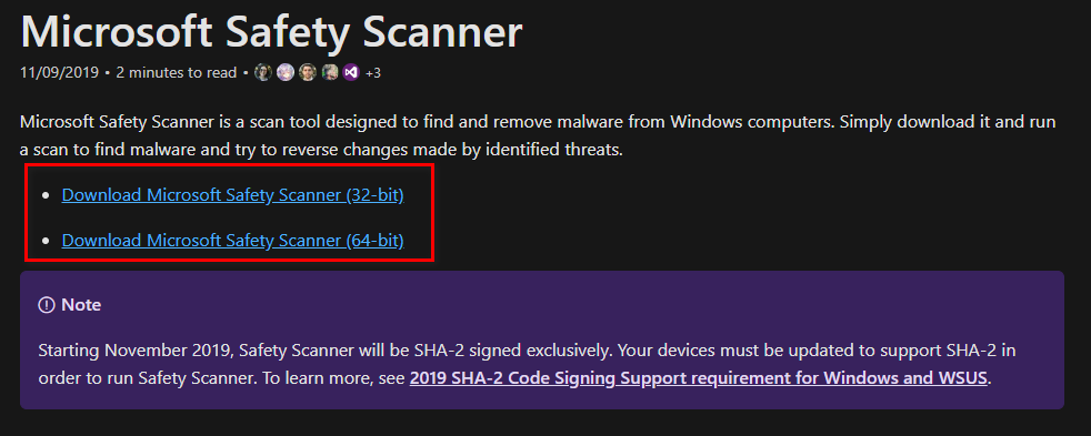 Download the correct bit version of Microsoft Safety Scanner