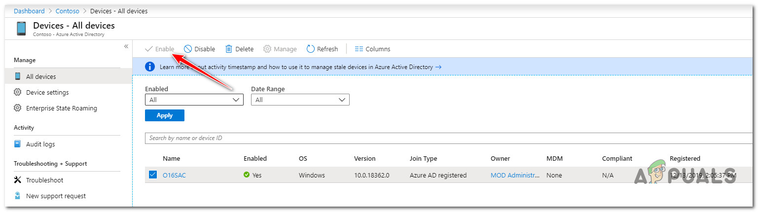 Enable the device from Azure Admin
