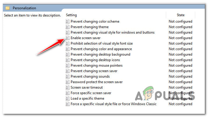 Double-click on "Enable Screen Saver" policy