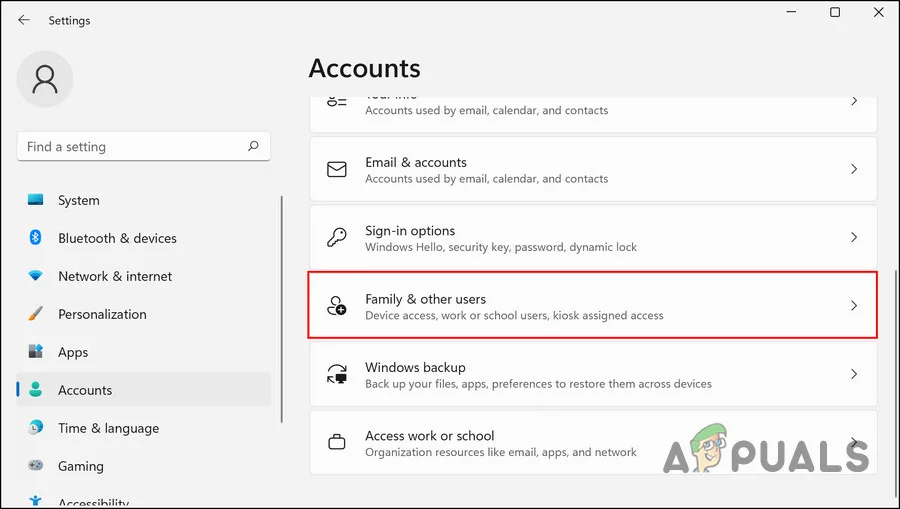 Access the Family & other user settings