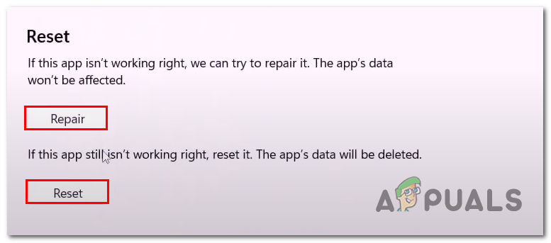 Repairing and resetting the Microsoft application