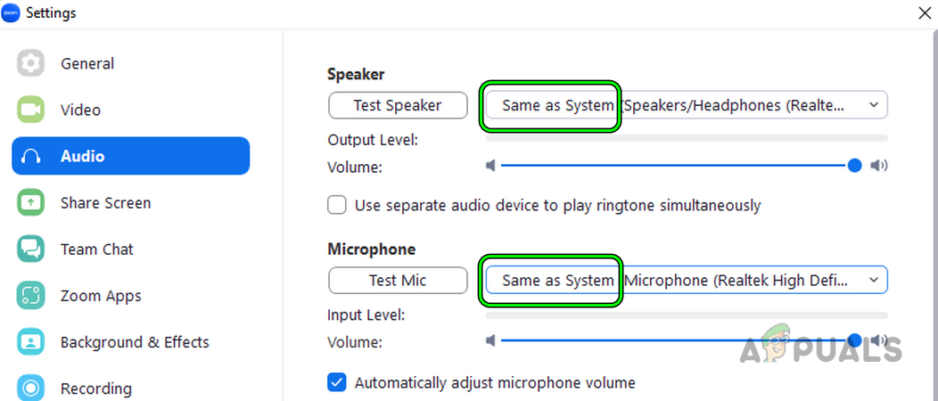 Set Speaker and Microphone to Same As System in the Zoom Audio Settings