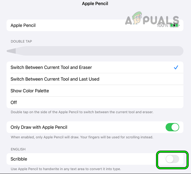 Disable Scribble in the iPad's Apple Pencil Settings