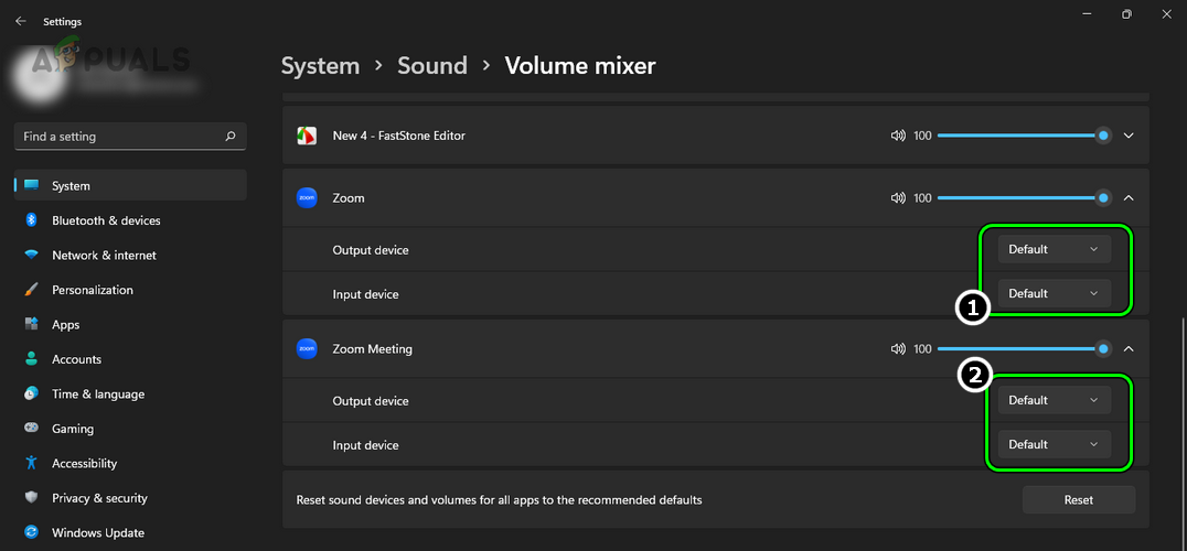 Set the Required Input and Output Device for Zoom in the PC's Volume Mixer Settings