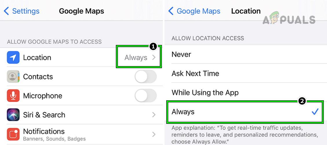 Set Location Access of Google Maps to Always