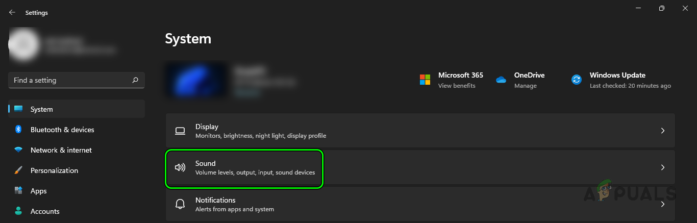 Open Sound in the System Tab of the Windows Settings