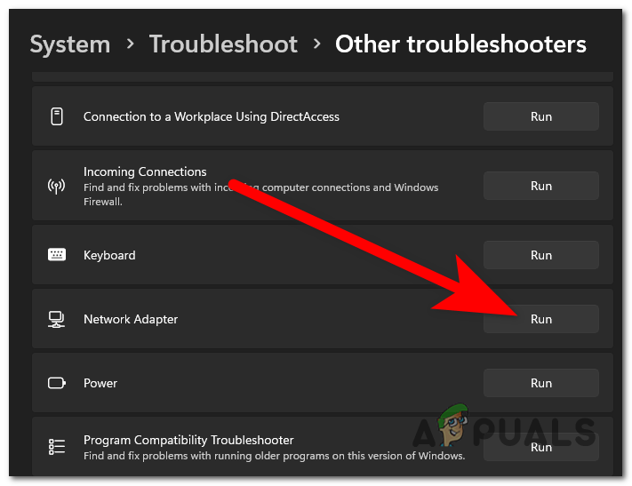Running the Network Adapter troubleshooter