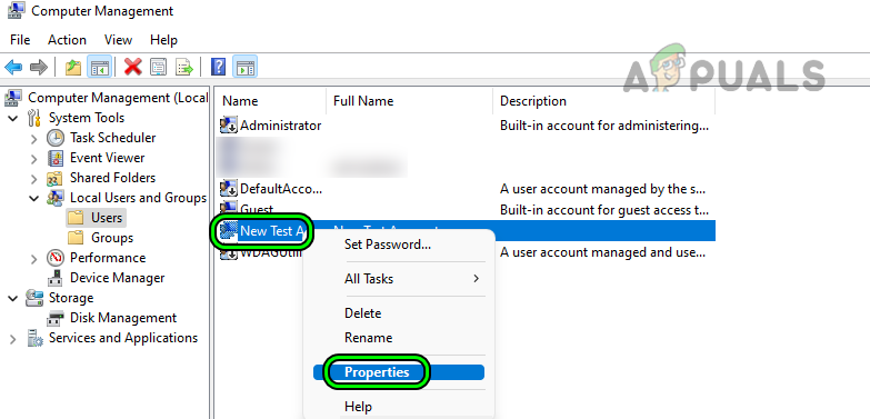 Open Properties of the Newly Created Account on a Windows PC