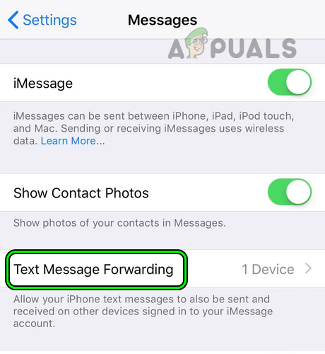 Open Text Message Forwarding in the Messages Settings of the iPhone