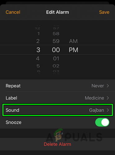 Open Sound in the Edit Alarm Settings of the iPhone