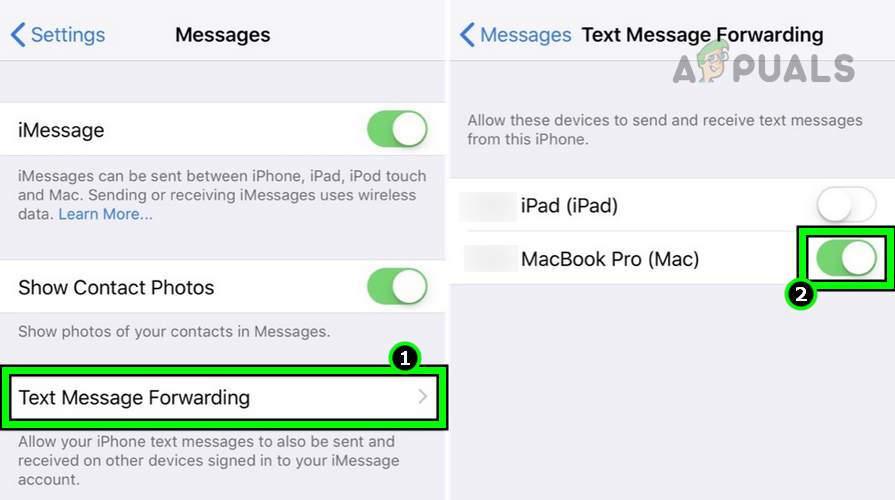 Select Only the Problematic Device in the iMessage Text Message Forwarding Settings