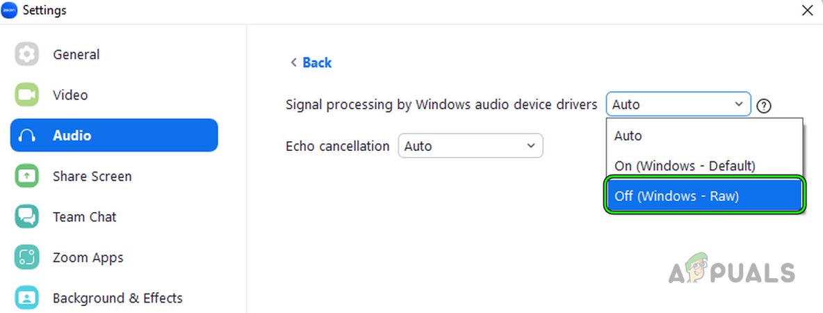 Disable Signal Processing by Windows Audio Device Drivers in the Zoom Settings